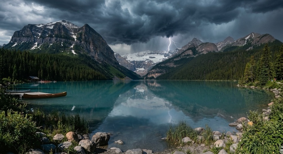 The same lake with a dramatic stormy sky, after edit