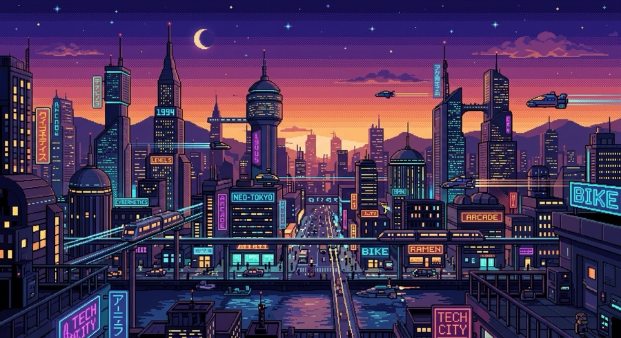 A futuristic city skyline at dusk in pixel-art style