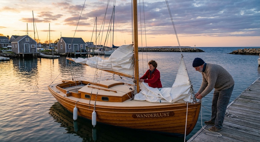 Story frame 1: sailboat in a calm harbor