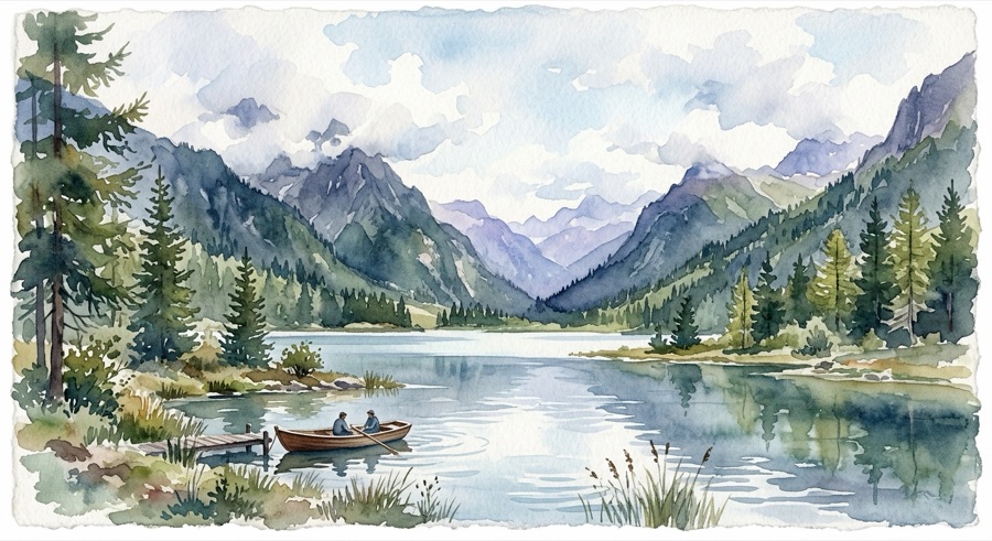 A serene mountain lake in watercolor style